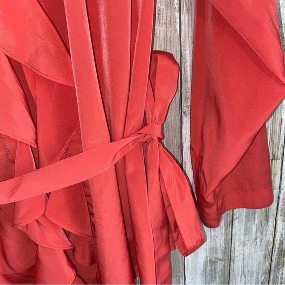 Lane Bryant Peachy Pink Tie Waist Ruffle Hidden Button Down Silky Blouse - Picture 2 of 8